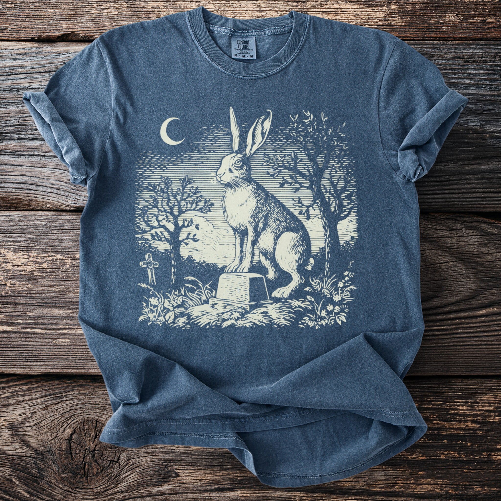 Rabbit sitting on a tombstone under a crescent moon with surrounding trees.