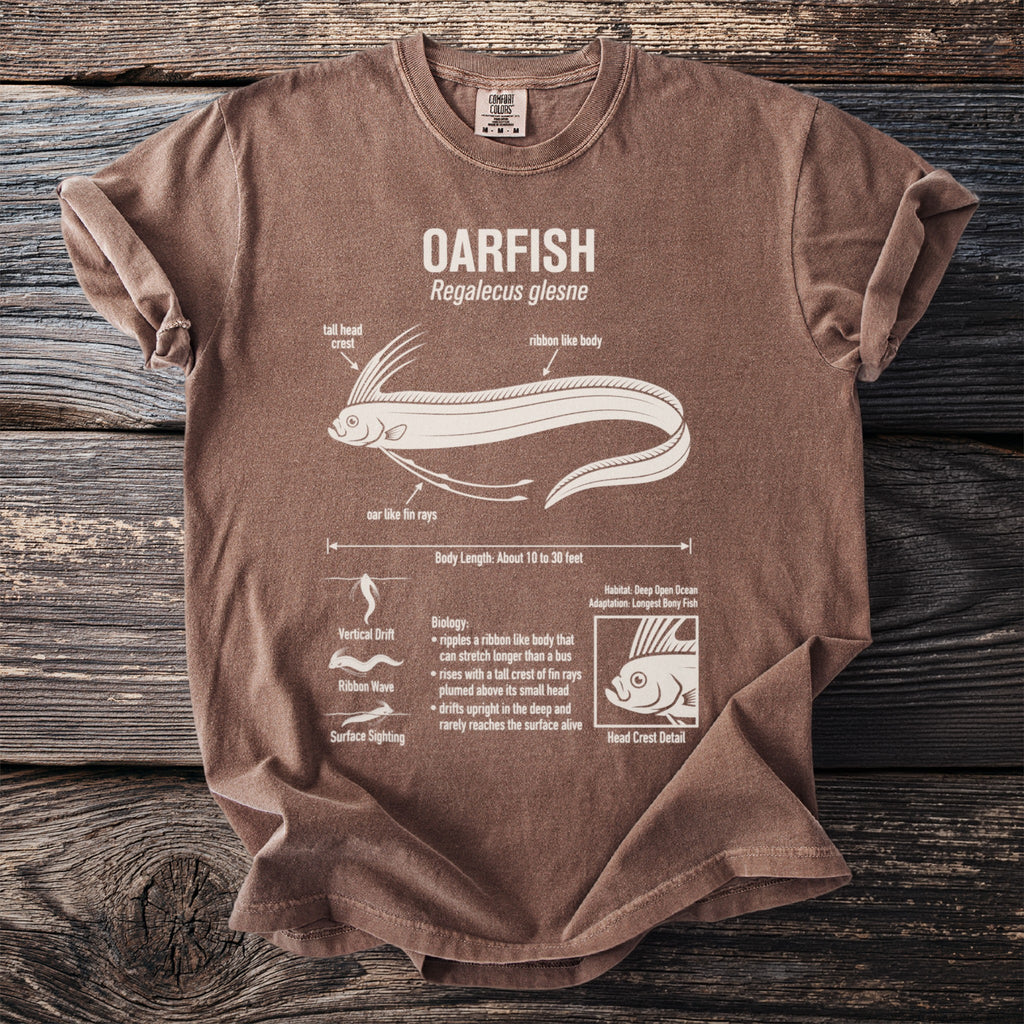 T-shirt with an OARFISH diagram in white on brown, showing its anatomy.