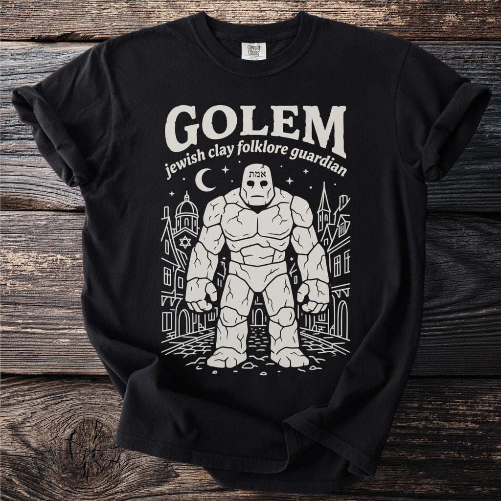 Black t-shirt with "Golem Jewish clay folklore guardian" design and Hebrew word.