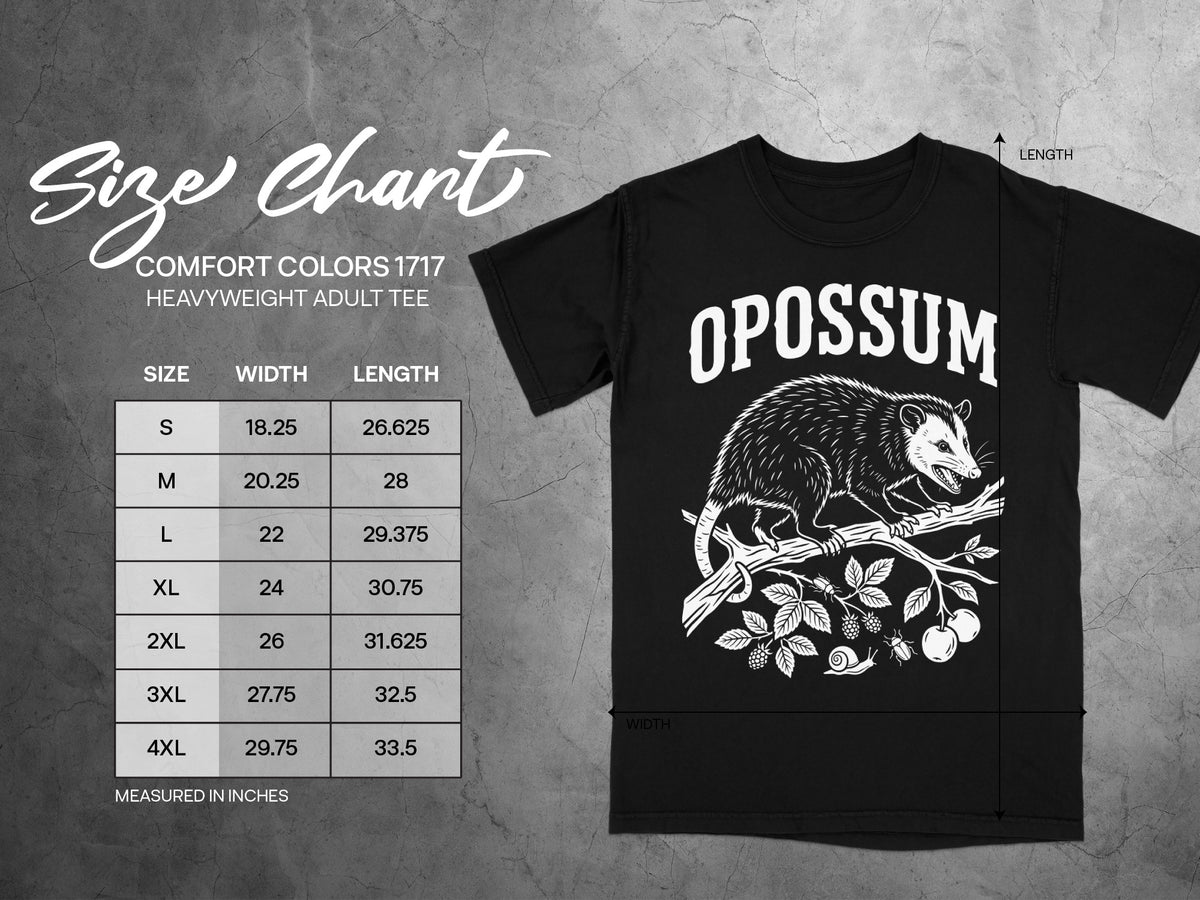 Black Comfort Colors 1717 t-shirt size chart with opossum graphic.