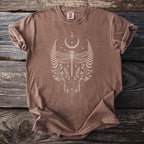 Brown t-shirt with a celestial dragonfly and floral graphic design.