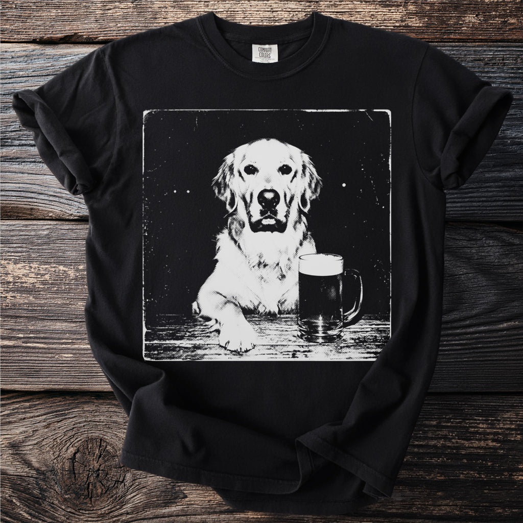 Black t-shirt with black and white graphic of a golden retriever and a beer mug.