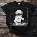 Black t-shirt with black and white graphic of a golden retriever and a beer mug.
