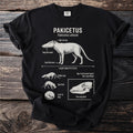 Pakicetus attocki diagram on a black t-shirt, showing anatomy and facts.