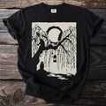 Black t-shirt with a cream graphic of a seated cat beneath willow branches, a lantern, and a full moon.