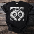 Black t-shirt with close-up graphic of an octopus's head and swirling tentacles.