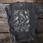 Dark grey t-shirt with a sketch art print of various birds and feathers.