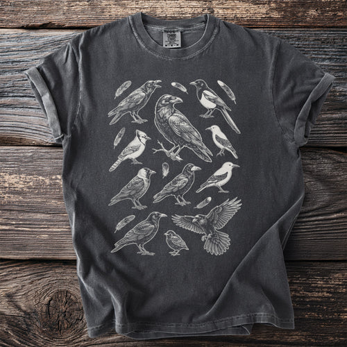 Dark grey t-shirt with a sketch art print of various birds and feathers.