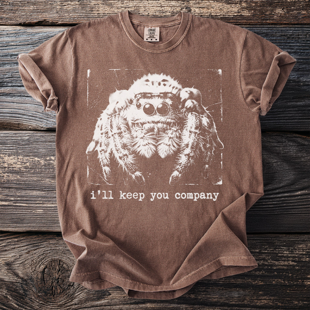 Brown t-shirt with a distressed print of a jumping spider and the text "i'll keep you company".