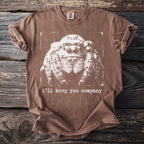 Brown t-shirt with a distressed print of a jumping spider and the text "i'll keep you company".