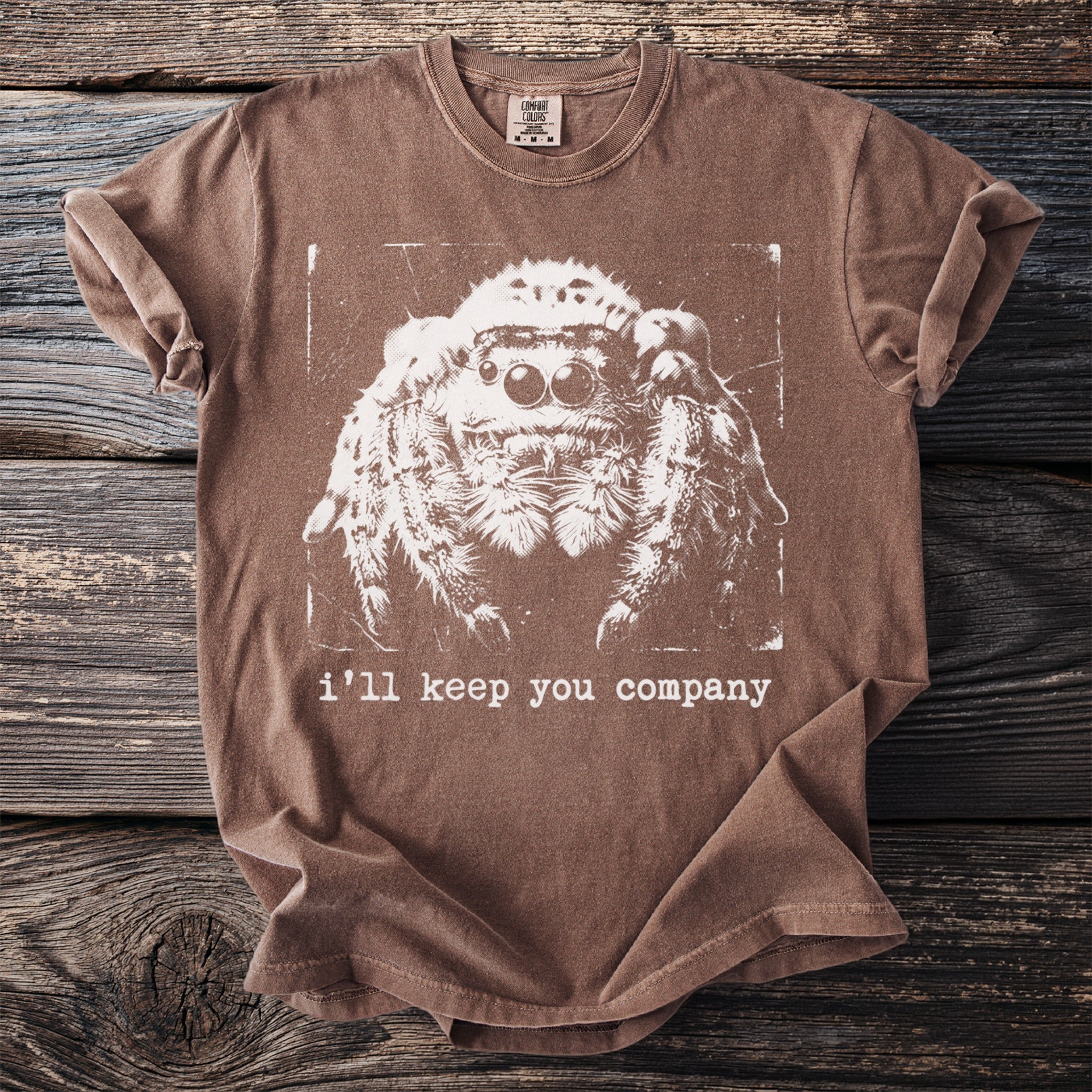 Brown t-shirt with a distressed print of a jumping spider and the text "i'll keep you company".