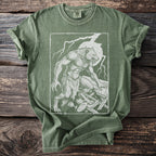 Green t-shirt with a distressed white line drawing of a werewolf on broken wooden planks.