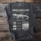 T-shirt design featuring an illustration of an armadillo girdled lizard with descriptive text.