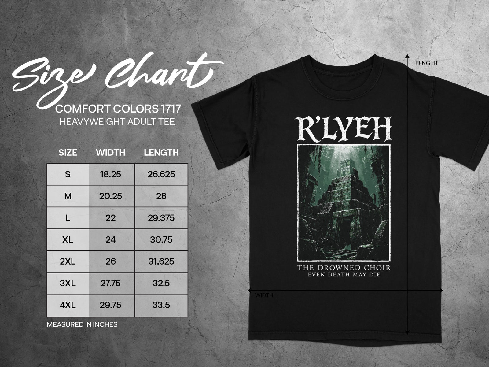 Size chart for black Comfort Colors 1717 heavyweight adult tee with R'lyeh graphic.