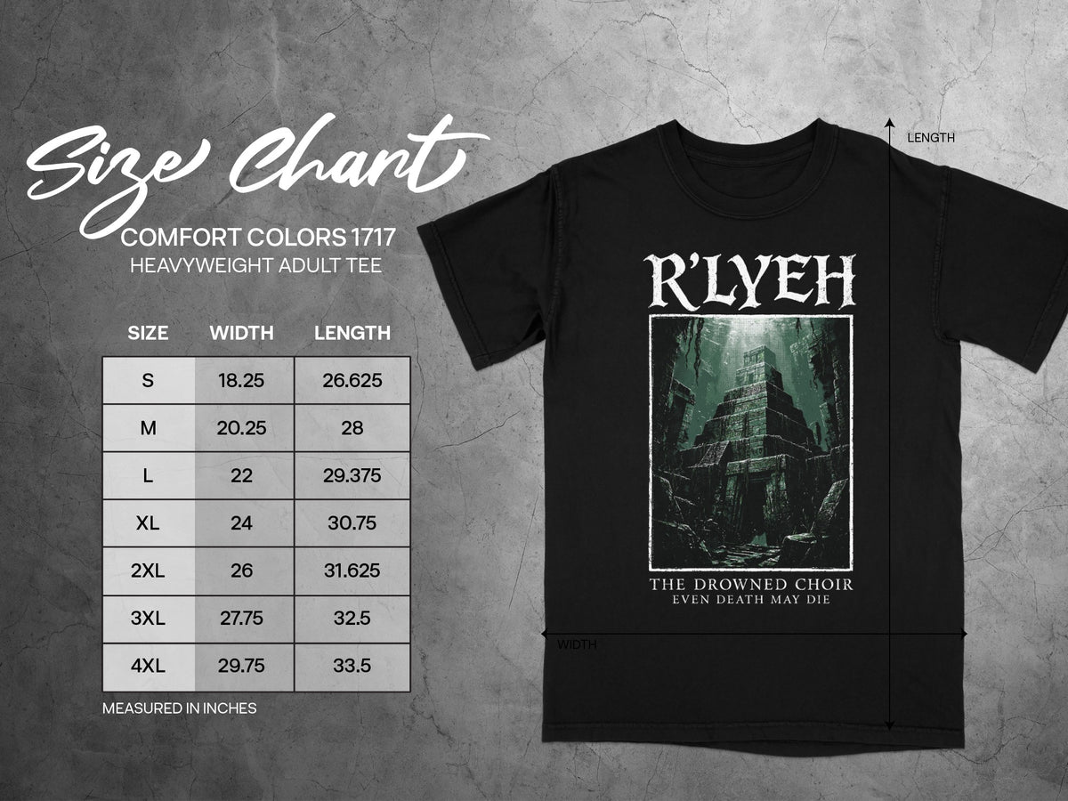 Size chart for black Comfort Colors 1717 heavyweight adult tee with R'lyeh graphic.