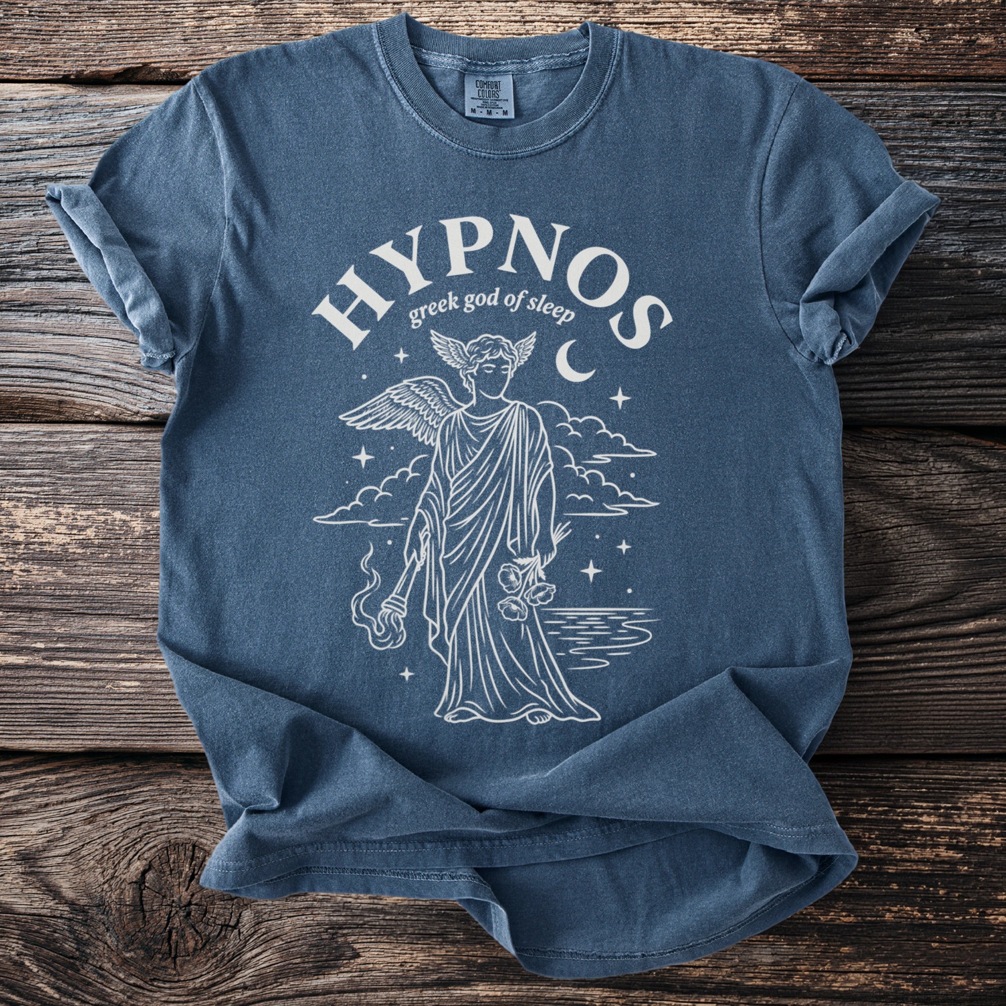 Blue t-shirt with "HYPNOS greek god of sleep" and winged figure graphic.