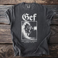 Dark grey t-shirt with "Gef" and a vintage image of a stoat on it.