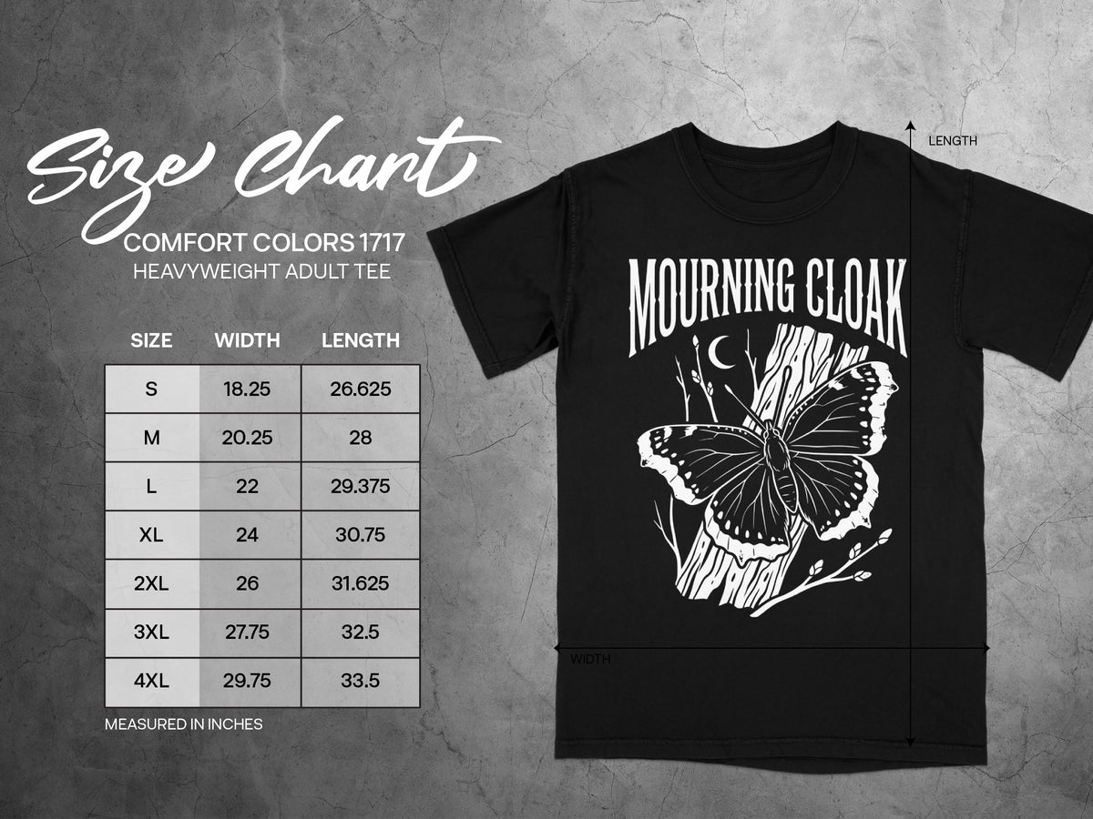 Size chart for Comfort Colors 1717 heavyweight adult tee with butterfly graphic.