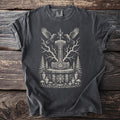 Dark gray t-shirt with Thor's hammer, ravens, and runes graphic.