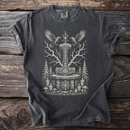 Dark gray t-shirt with Thor's hammer, ravens, and runes graphic.