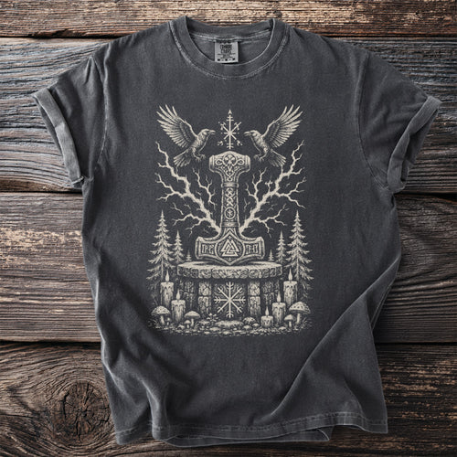 Dark gray t-shirt with Thor's hammer, ravens, and runes graphic.