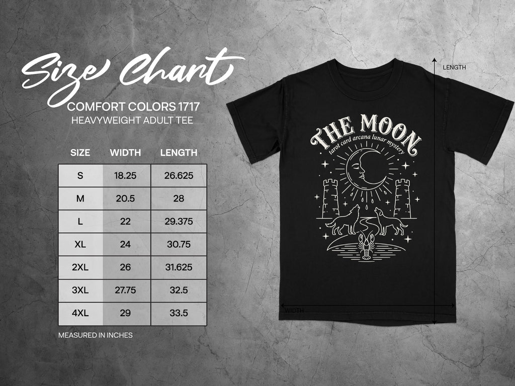 Comfort Colors 1717 garment size chart in inches.