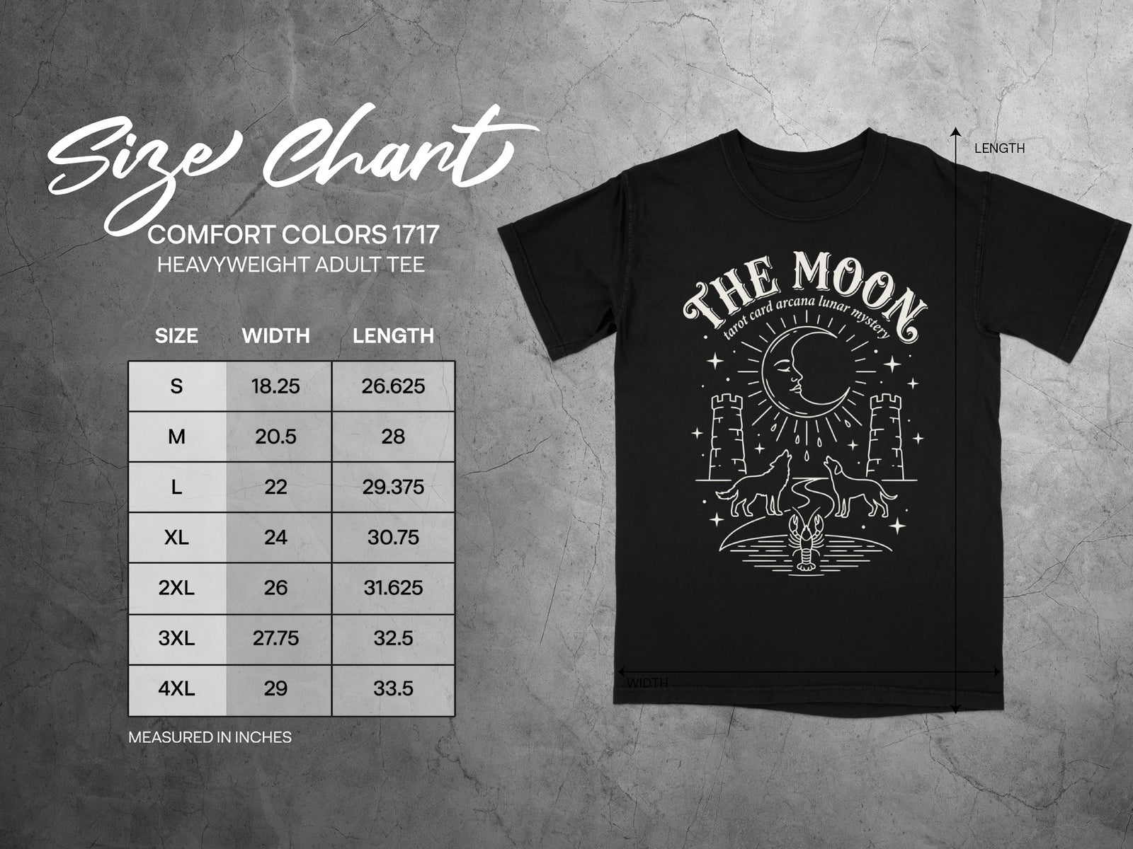 Comfort Colors 1717 garment size chart in inches.