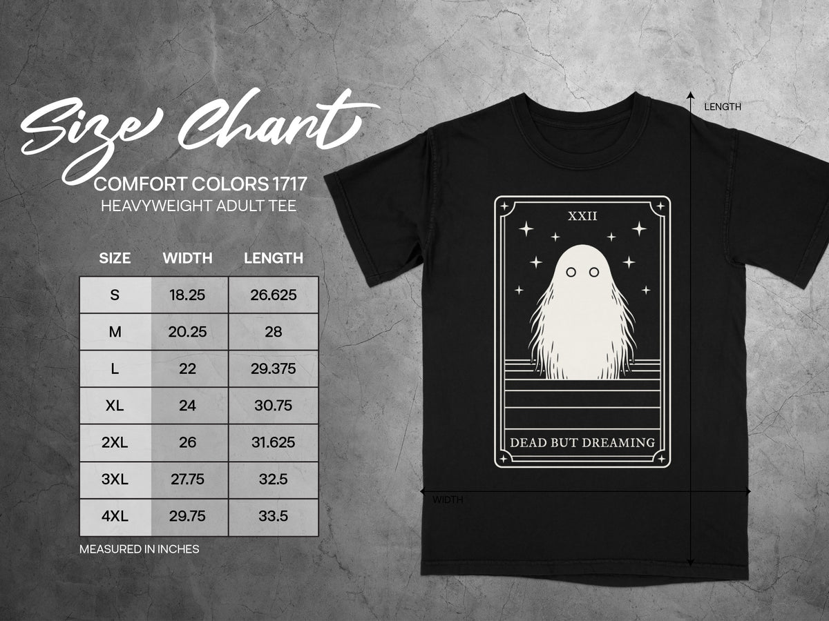 Comfort Colors 1717 heavyweight adult tee size chart with ghost tarot card graphic.