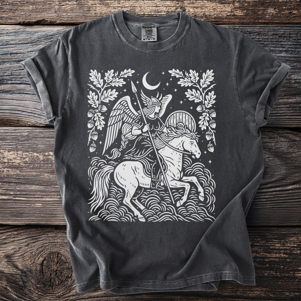 Grey t-shirt featuring a white graphic of a winged warrior on a horse under a crescent moon.