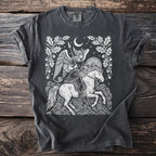 Grey t-shirt featuring a white graphic of a winged warrior on a horse under a crescent moon.