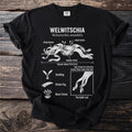 Black t-shirt with scientific illustration of Welwitschia mirabilis and its parts.