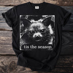 Black t-shirt with grunge style graphic of a bat face and text "tis the season".