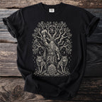 Black t-shirt with a Nordic illustration of a bearded man holding Thor's hammer under a tree with wolves and ravens.
