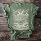 Green t-shirt with Norse tree and Viking ship graphic, two eagles and moon.