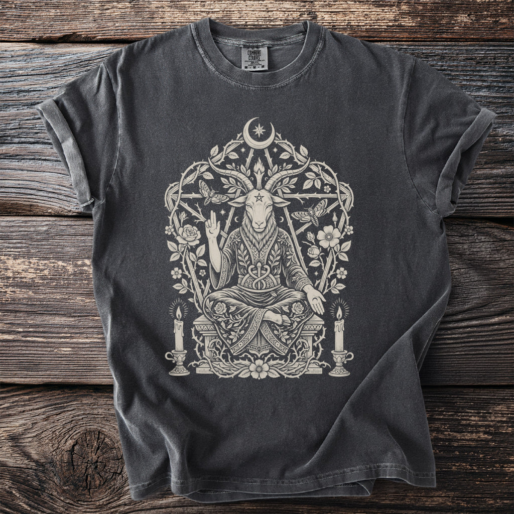 Dark grey t-shirt with a detailed occult goat-headed figure design.
