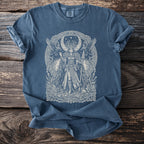 Blue t-shirt with a striking monochrome print of a warrior goddess and two ravens.