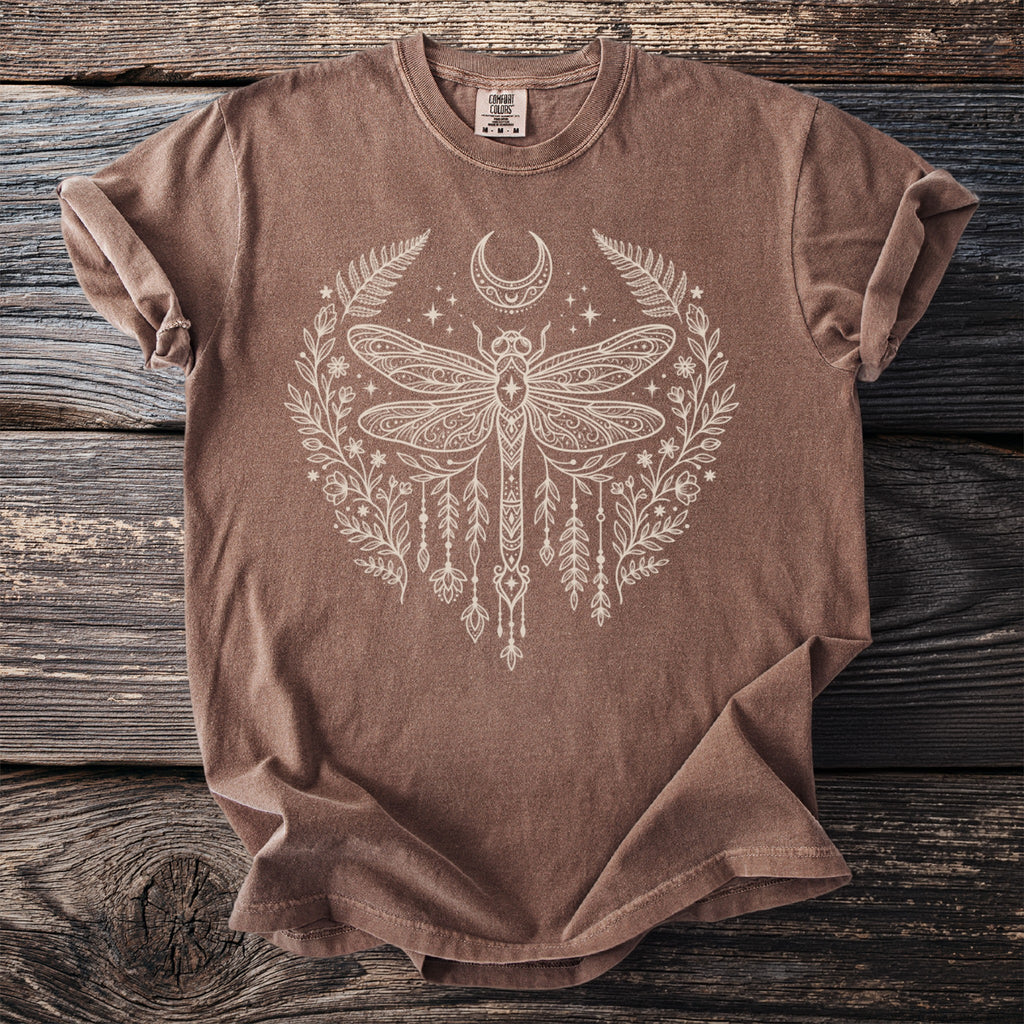 Brown t-shirt with cream dragonfly and floral crescent moon design.