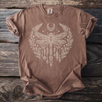 Brown t-shirt with cream dragonfly and floral crescent moon design.