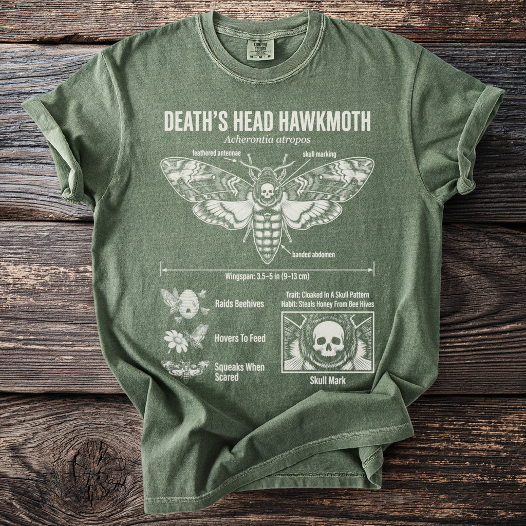 Death's Head Hawkmoth scientific illustration with text details on a green t-shirt.