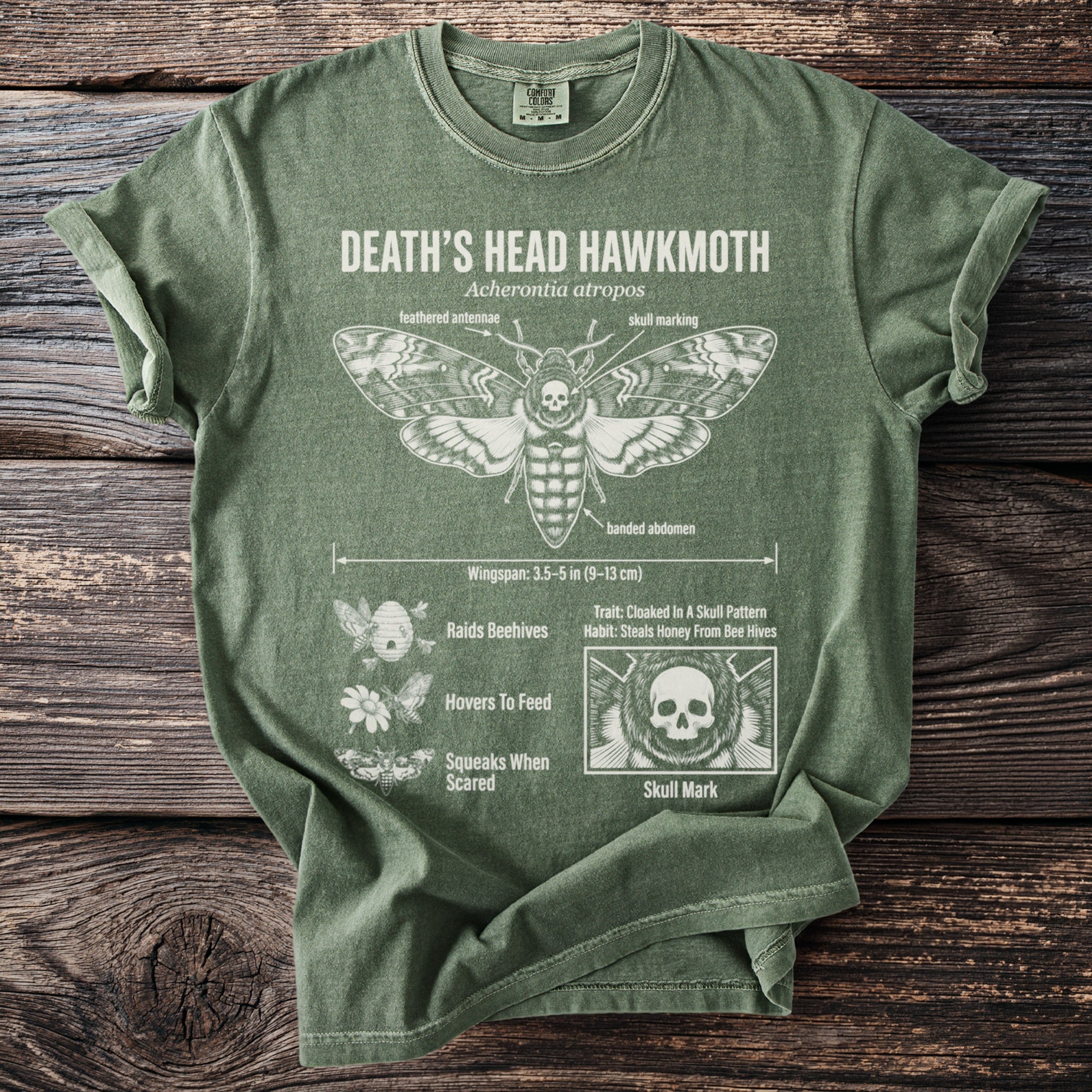 Death's Head Hawkmoth scientific illustration with text details on a green t-shirt.