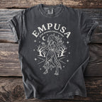 Dark grey t-shirt with "Empusa greek demoness hekate servant" and a mystical figure.
