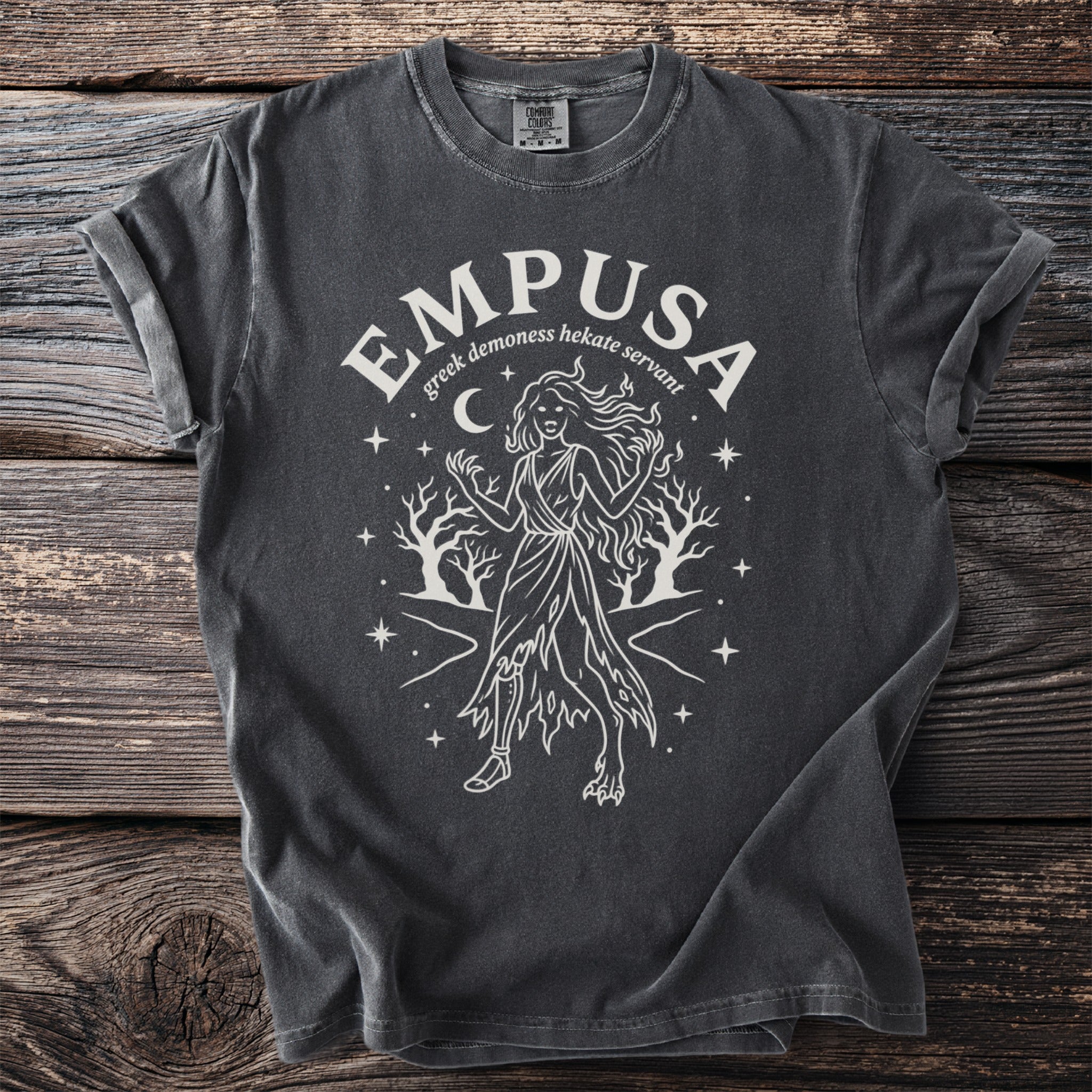 Dark grey t-shirt with "Empusa greek demoness hekate servant" and a mystical figure.