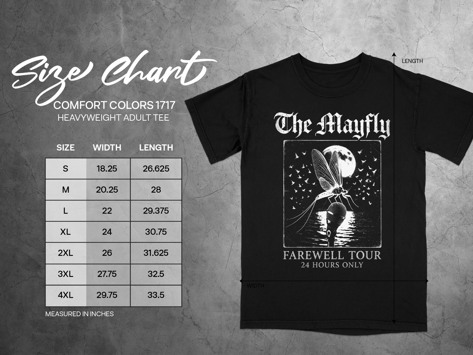 Black Comfort Colors 1717 t-shirt with "The Mayfly Farewell Tour" graphic and size chart.