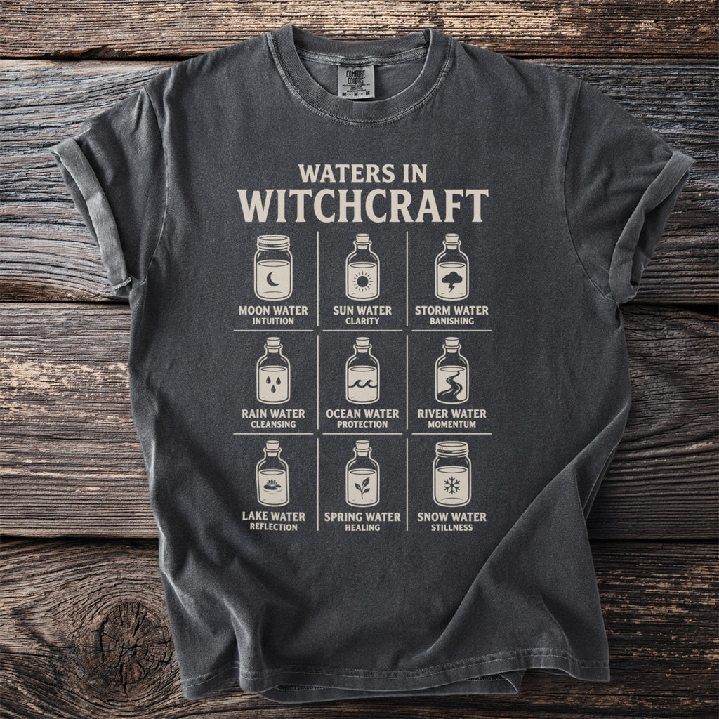 T-shirt graphic with "Waters in Witchcraft" and nine jar illustrations with descriptive labels.