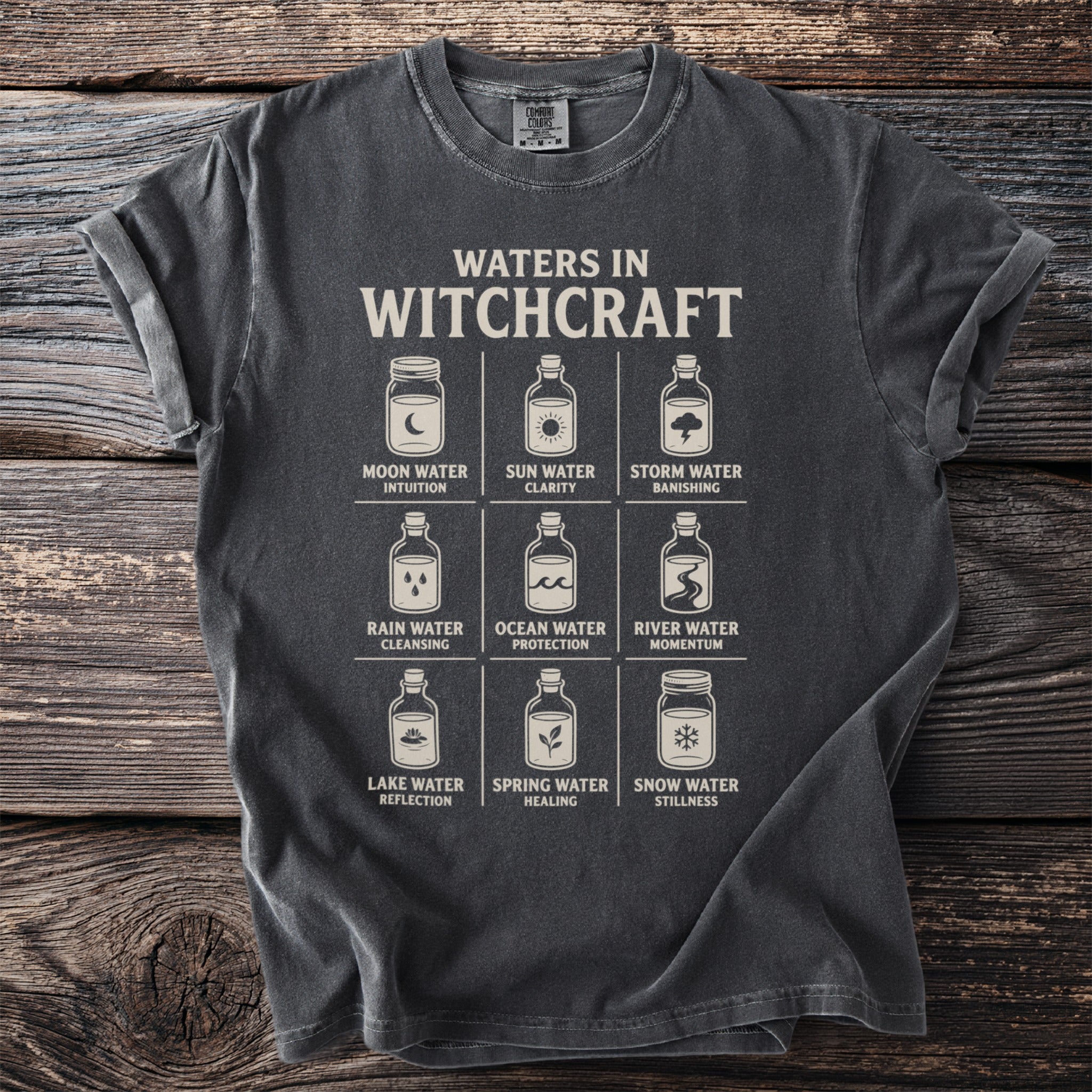 T-shirt graphic with "Waters in Witchcraft" and nine jar illustrations with descriptive labels.