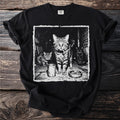 Black t-shirt with graphic of three cats with cigarettes and ashtray.