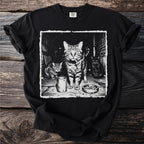 Black t-shirt with graphic of three cats with cigarettes and ashtray.