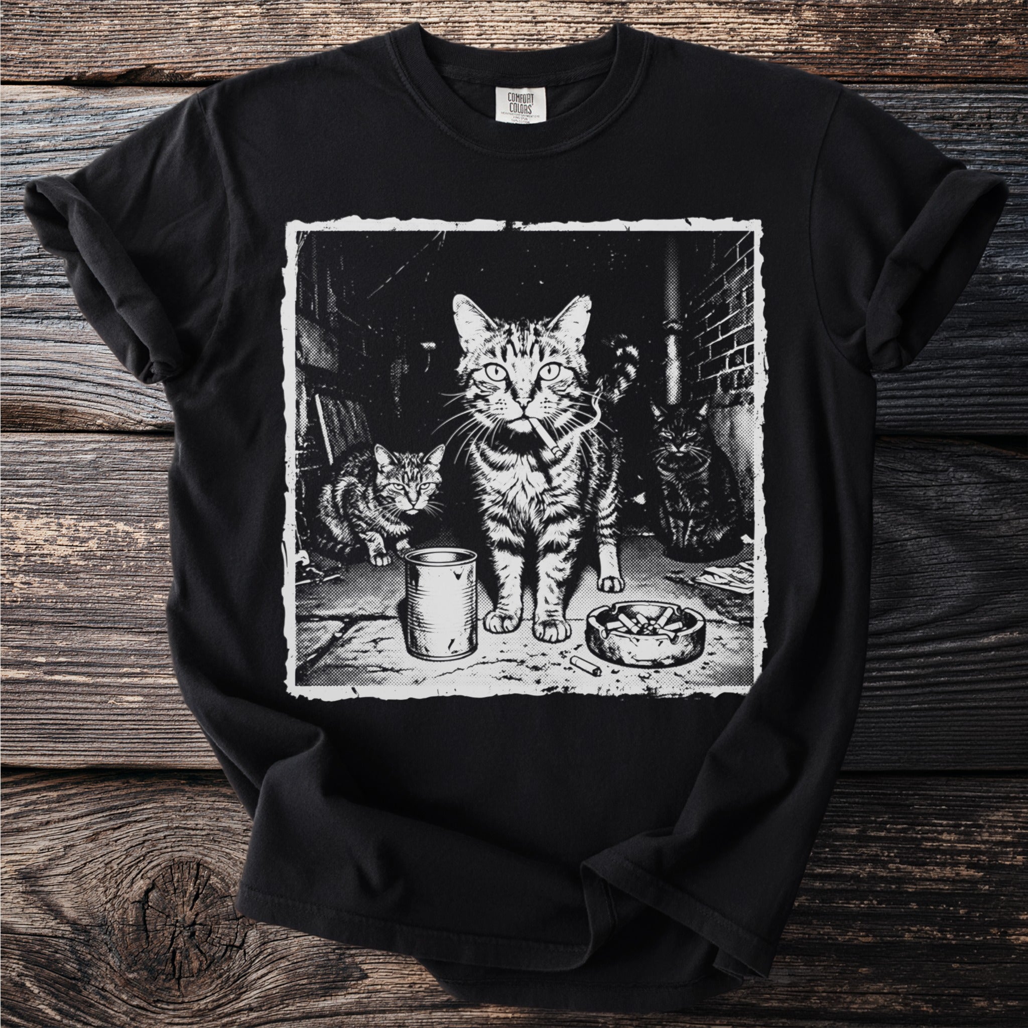 Black t-shirt with graphic of three cats with cigarettes and ashtray.