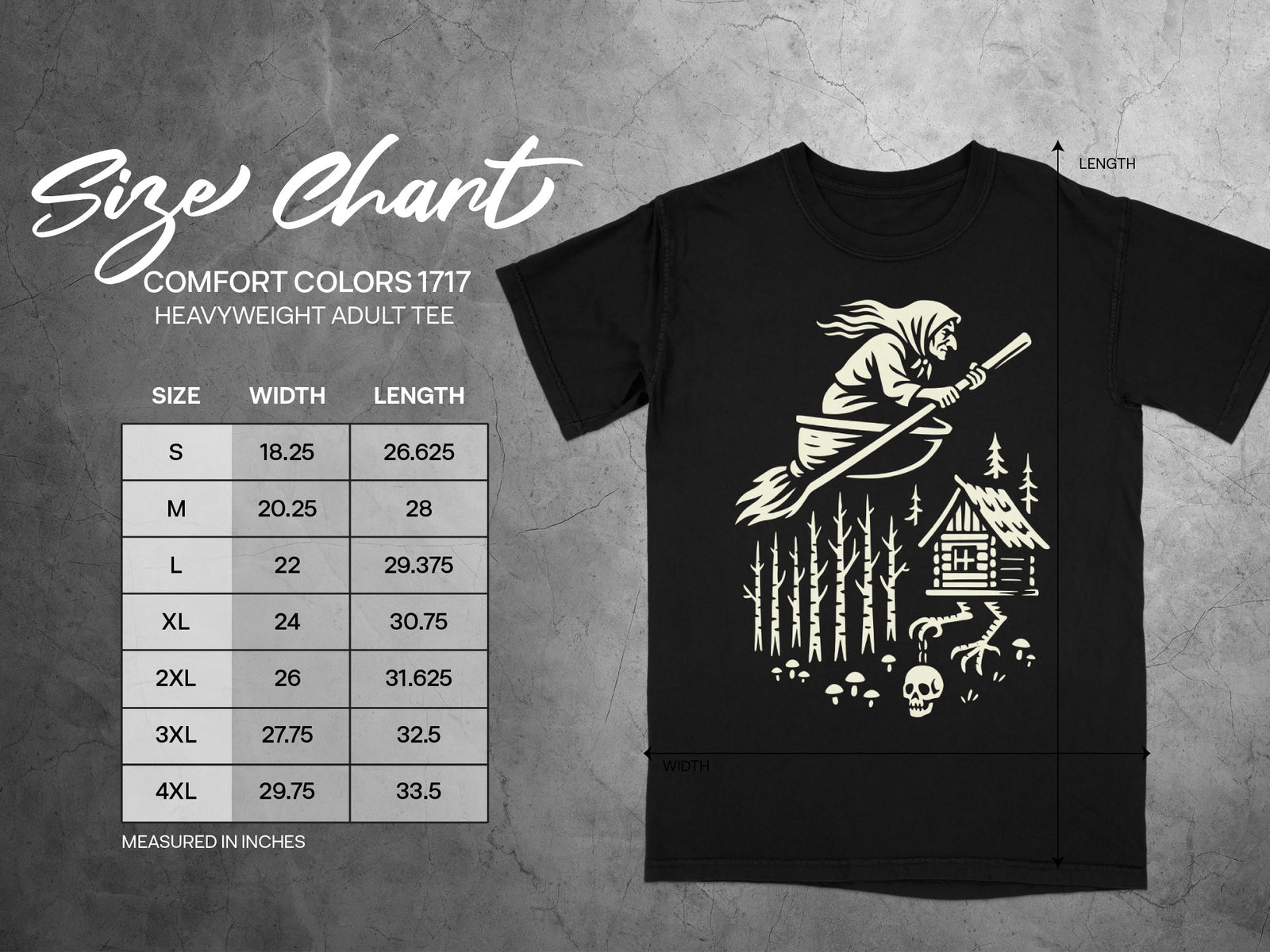 Comfort Colors 1717 heavyweight adult tee size chart with width and length measurements in inches.