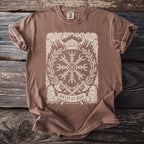Brown t-shirt with a white Helm of Awe graphic, Viking helmet, axes, and runes.